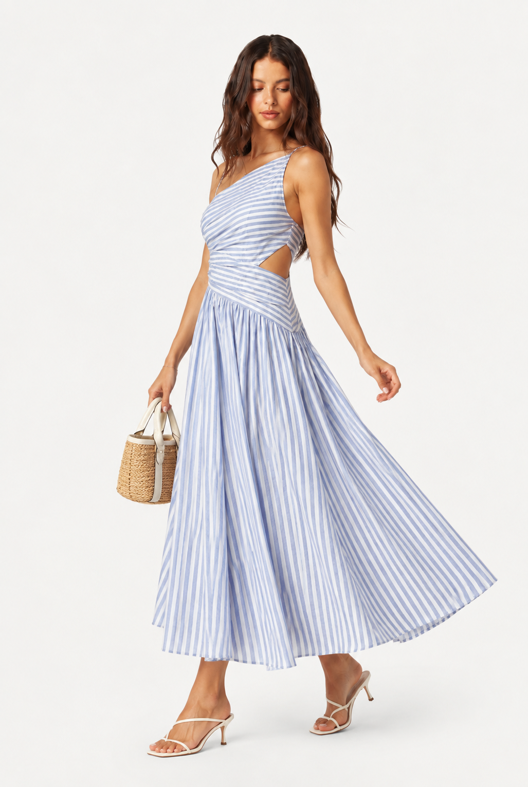 Serenne Striped Draped Waist Midi Dress