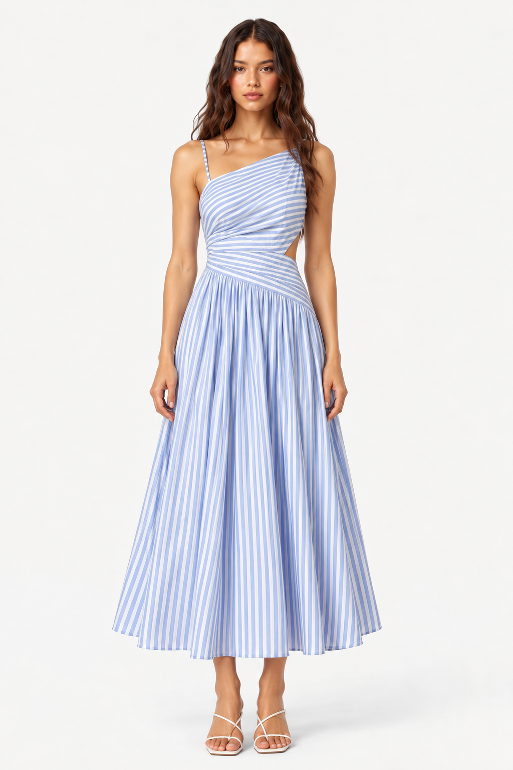 Serenne Striped Draped Waist Midi Dress