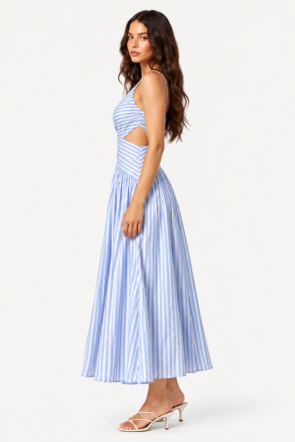Serenne Striped Draped Waist Midi Dress