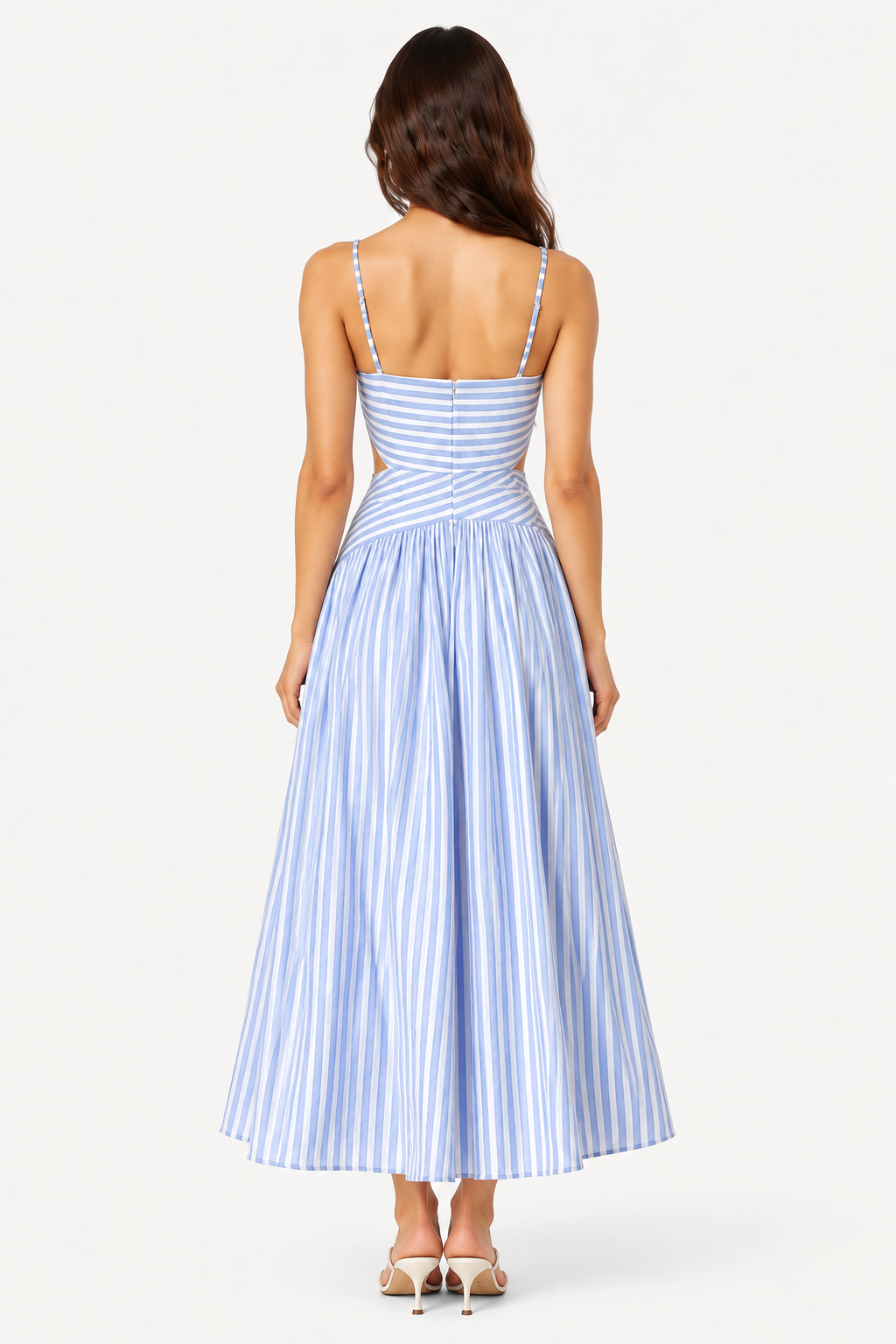 Serenne Striped Draped Waist Midi Dress